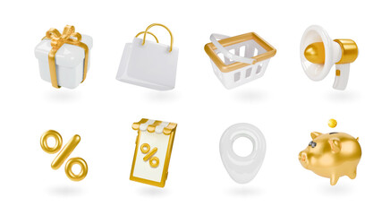 Online shop 3d render realistic vector icon set. Basket, loudspeaker, gift, promotion, piggy bank, percent sign, bonus, discounts. White and gold luxury color