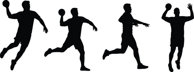 Silhouettes of handball players in action, jumping and throwing ball, isolated on white, sports vector design, dynamic movement pose.eps