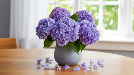Purple hydrangeas in a vase on a wooden table flowers floral