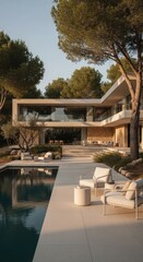 Fototapeta premium Modern luxury villa with swimming pool and lounge chairs