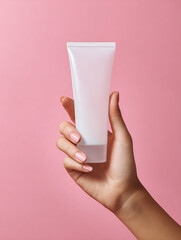 woman hand holding a cream tube against pink background made with generative AI	