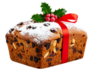 Classic Christmas Fruitcake with Red Ribbon and Holly Topper, Front View, Transparent PNG 