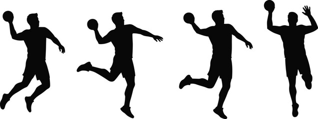 Silhouettes of male handball players jumping, throwing ball, action sports concept, isolated on white background, vector illustration for design.eps