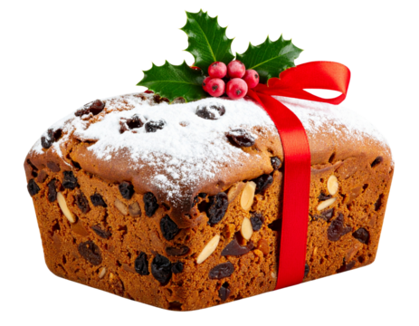 Classic Christmas Fruitcake with Red Ribbon and Holly Topper, Front View, Transparent PNG 