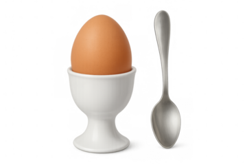 Boiled egg in egg cup with teaspoon on transparent background