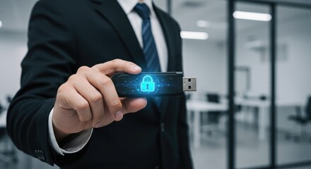 Businessperson presenting secure usb drive with digital lock icon in modern corporate office data protection concept technology illustration commercial high quality image