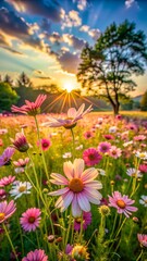 Vibrant wildflower meadow at sunrise, bathed in golden sunlight with a single tree in the background