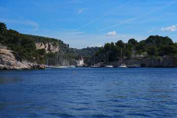 View of the Calanques de Cassis, a national park of limestone cliffs over the Mediterranean Sea...