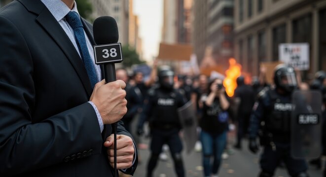News reporter holding microphone outside during urban protest event  