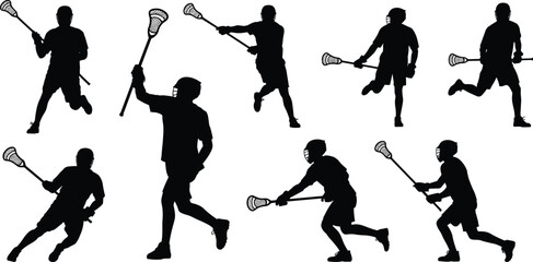Silhouettes of male lacrosse players in action, holding sticks, running, shooting, passing, competitive game, sports illustration, athlete motion, dynamic pose.eps