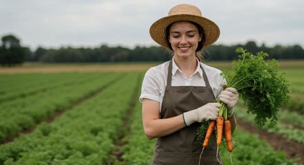 Young woman harvesting carrots and smiling in a green field