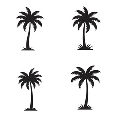 Four silhouette palm trees isolated on white background