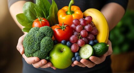 Person holding a variety of fresh fruits and vegetables in their hands close up studio shot view