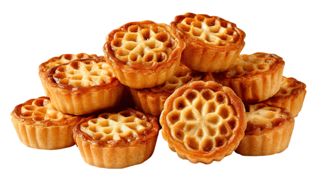 A pile of small, golden-brown pastries.  Each pastry has a decorative, honeycombed pattern on top and a light filling.  Many pastries are layered together