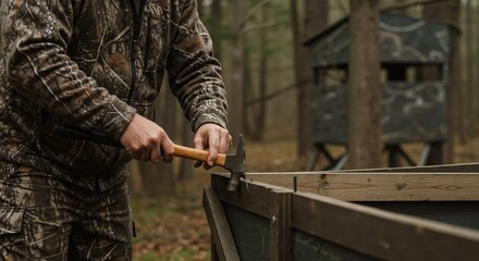 Man in camouflage using an axe to build a wooden structure in woods  