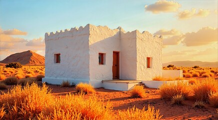 Sunlit White Adobe House in Desert with Crenellated Roof and Sunset Backdrop