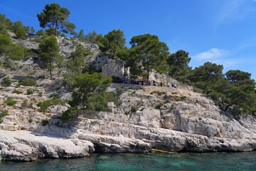 View of the Calanques de Cassis, a national park of limestone cliffs over the Mediterranean Sea...