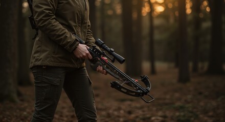Hunter holding crossbow in forest during sunset
