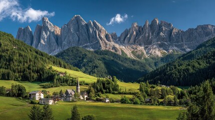 Picturesque alpine village nestled in a valley with majestic, towering mountain peaks