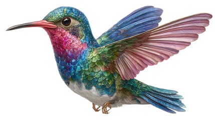 Obraz premium Vibrant Hummingbird in Flight with Isolated on White, and Detailed Illustration.