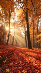 Obraz premium Sunlight streams through the canopy of a beautiful autumn forest, illuminating a peaceful path covered in colorful fall leaves.