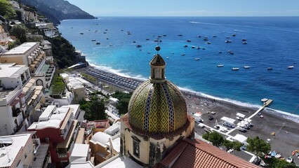 Amalfi Coast In Positano Salerno Italy. Stunning Tropical Coastline Beach Scene Viewed From Above. Shore Horizon Beach Sea. Shore Seaside Tropical Environment. Positano Salerno.