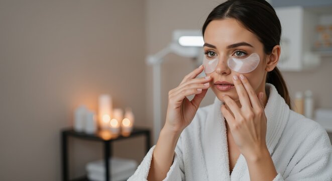 Woman applying under-eye patches while relaxing at home spa