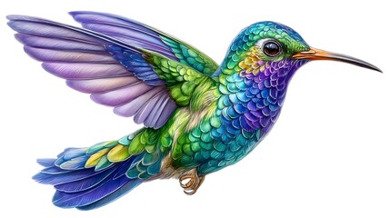 Fototapeta premium Vibrant Watercolor Hummingbird in Flight with Isolated on White, and Botanical Art.