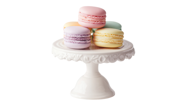 Delicate macarons on a small white pedestal stand.  Pastel colored macarons in a stack rest atop a decorative, scalloped, white cake stand