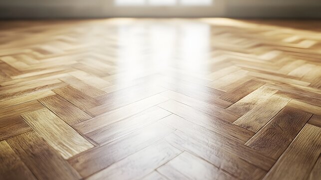 Photograph of a polished light-colored herringbone wooden floor reflecting bright light.