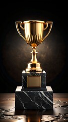 A gleaming golden trophy stands proudly on a dark marble base, symbolizing victory and achievement