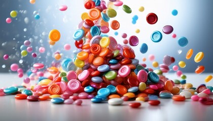 a colorful cascade vibrant candy buttons tumble through a clean white space a sugary spectacle of childhood joy