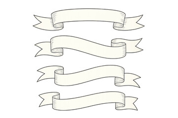 Set of four hand drawn white ribbons waving with transparent background, ideal for vintage or classic designs