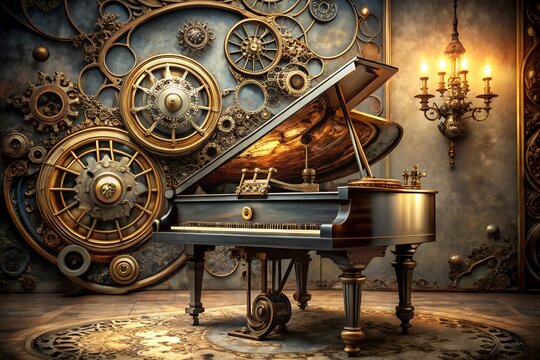 Steampunk grand piano with intricate mechanical gears and ornate brass details, a unique artistic masterpiece