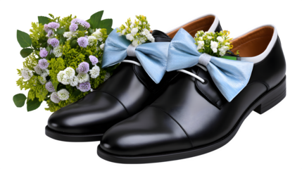 Formal shoes with bowtie and boutonni?e flower, groom wedding set, isolated on white,
