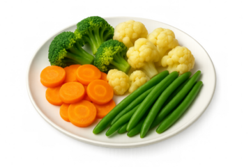 Steamed vegetables carrots broccoli cauliflower and green beans on white plate with transparent background
