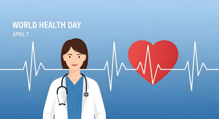 World Health Day banner featuring a smiling female physician, a stethoscope, and a red heart with an EKG pulse line. Medical vector illustration for global health awareness campaign on April 7.