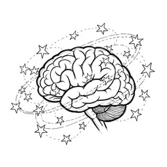 Fototapeta premium Brain illustration with stars and cosmic elements in black and white 