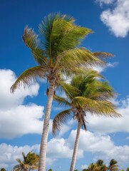 Two palm trees, windswept, against a vibrant blue sky dotted with fluffy white clouds