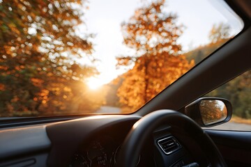 Sunset view through car windshield on fall foliage drive Generative AI