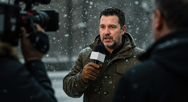 Male journalist reporting in snow during winter weather conditions  