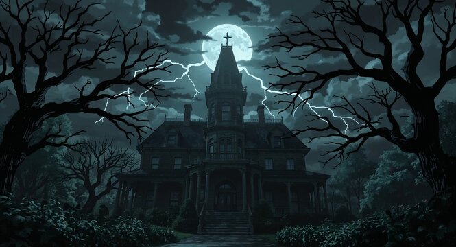 Eerie Haunted Victorian Mansion on a Stormy Night with Full Moon Lightning and Silhouetted Trees