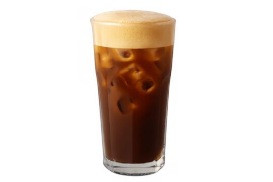 Nitro cold brew coffee with ice and foam in transparent glass