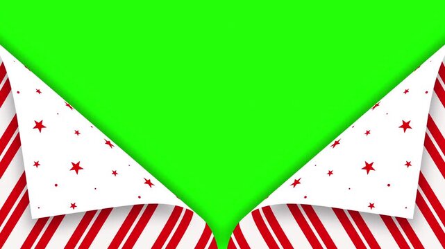 Peeling stripy candy cane gift wrap on a chroma green background, festive transition reveal