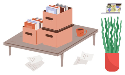 Wooden desk with stackable file boxes, scattered documents, red coffee mug, tall green houseplant in a pot, and a laptop displaying work screen. Ideal for organization, productivity, work-life