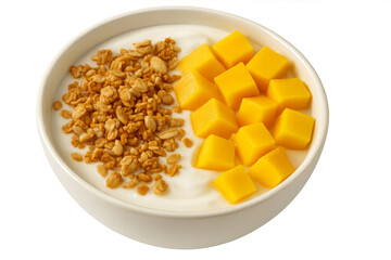 Bowl of yogurt with mango cubes and granola on transparent background