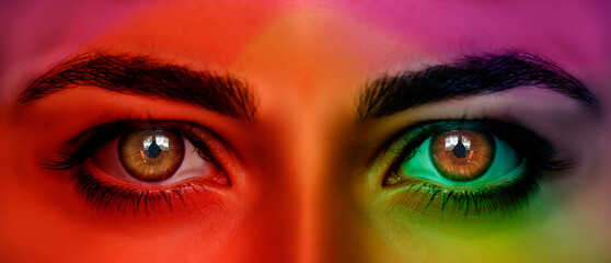 Beautiful girl eye with colorful surreal make up. Beauty girl with bright color makeup. Abstract colourful make-up, Art design