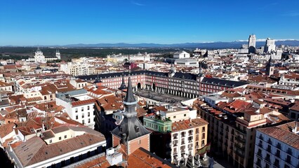 Fototapeta premium Madrid Skyline In Madrid Spain. Aerial View Of A High-Rise Buildings And Traffic Showcasing Urban Life. Business Sky Downtown Cityscape. Business Panning Wide. Madrid Spain.