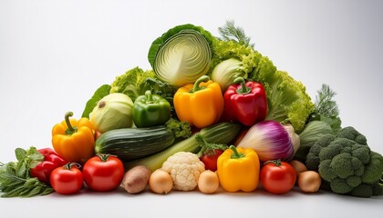 colorful vegetables stacked in an artistic arrangement on a white background