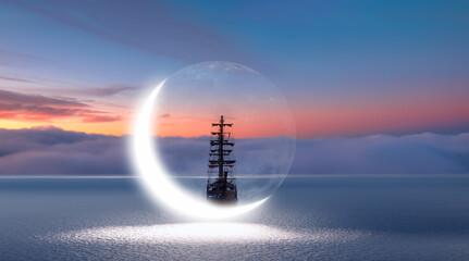 Sailing old ship in stormy sea in the background dramatic sunset and crescent moon
